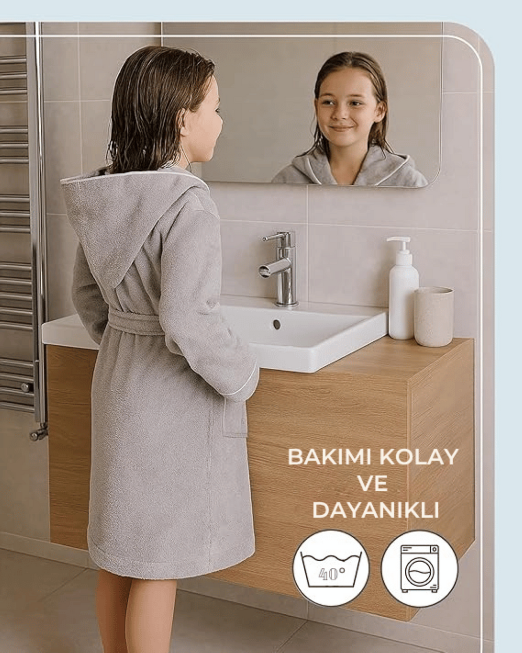 Kinderbademantel, grau | 100 % Baumwolle – weiche Textur – Kapuze – Tasche – Paspelierung