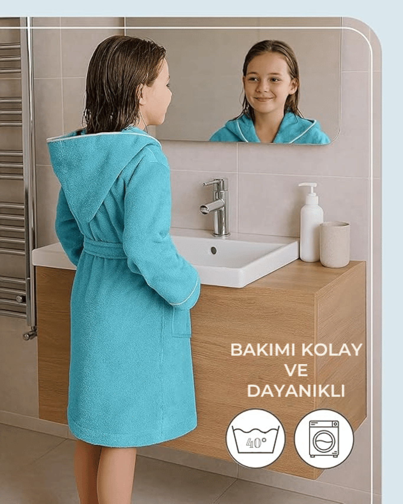 ÇOCUK BORNOZ TURKUAZ | %100 Pamuklu-Yumuşak Doku-Kapüşonlu-Cepli-Biyeli