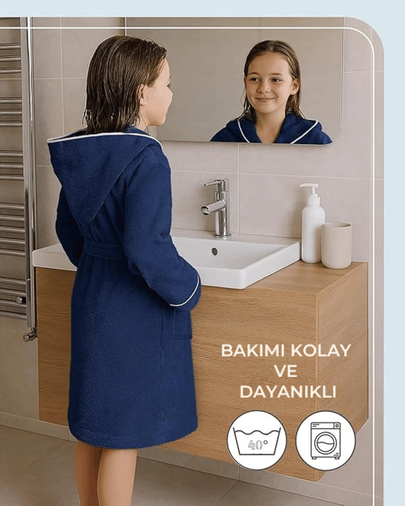 ÇOCUK BORNOZ LACİVERT | %100 Pamuklu-Yumuşak Doku-Kapüşonlu-Cepli-Biyeli