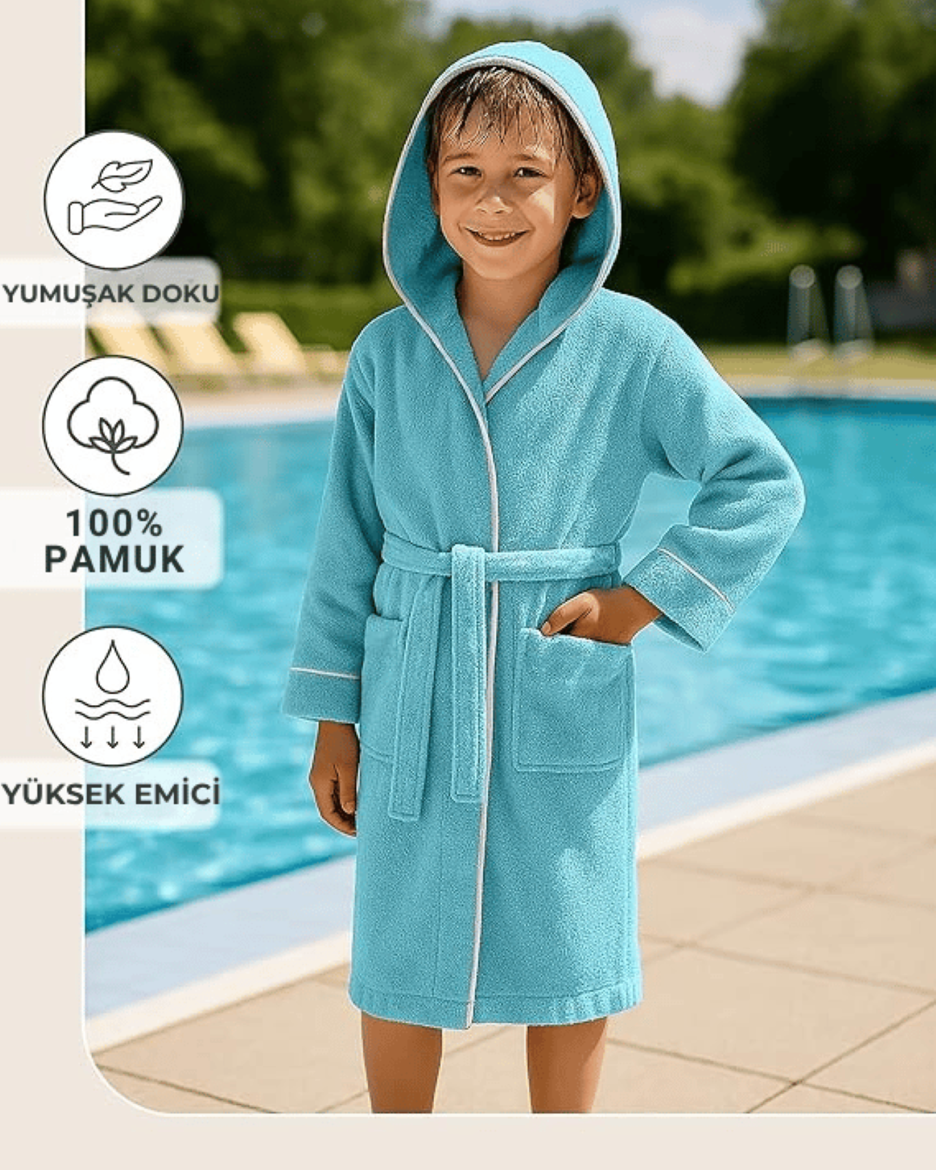 Kinderbademantel Türkis | 100 % Baumwolle – Weiche Textur – Kapuze – Tasche – Paspelierung