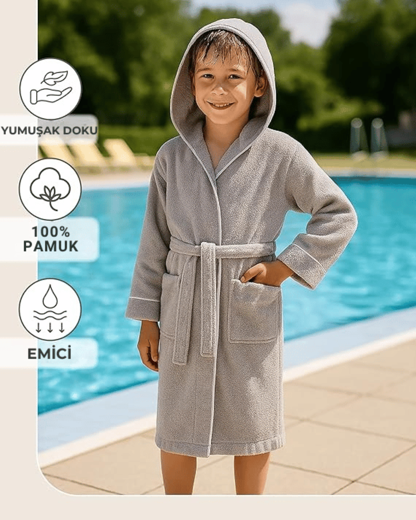 ÇOCUK BORNOZ GRİ | %100 Pamuklu-Yumuşak Doku-Kapüşonlu-Cepli-Biyeli