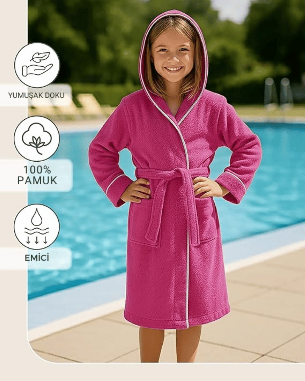 Kinderbademantel Fuchsia | 100 % Baumwolle – Weiche Textur – Kapuze – Tasche – Paspelierung