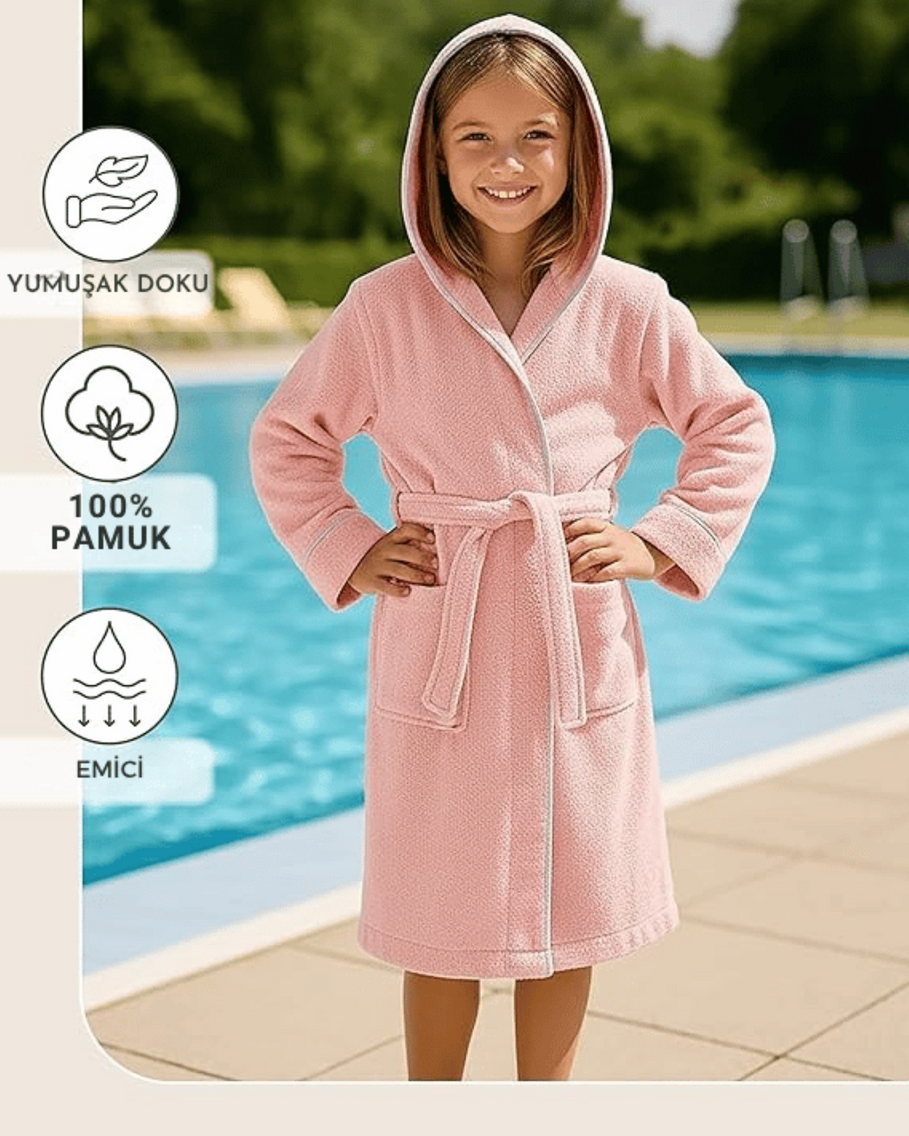 Rosa Kinderbademantel | 100 % Baumwolle – Weiche Textur – Kapuze – Tasche – Paspelierung
