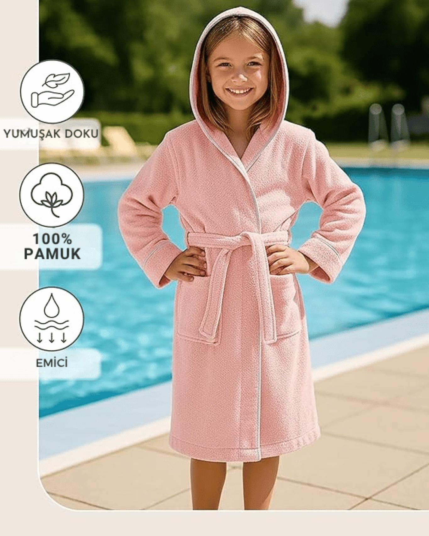 ÇOCUK BORNOZ PEMBE | %100 Pamuklu-Yumuşak Doku-Kapüşonlu-Cepli-Biyeli