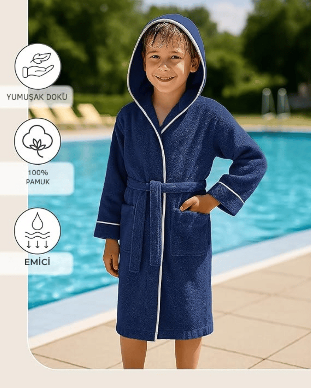 Kinderbademantel, Marineblau | 100 % Baumwolle – Weiche Textur – Kapuze – Tasche – Paspelierung