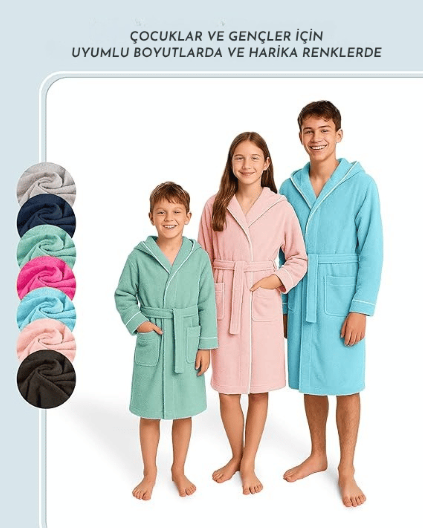 Kinderbademantel, Marineblau | 100 % Baumwolle – Weiche Textur – Kapuze – Tasche – Paspelierung