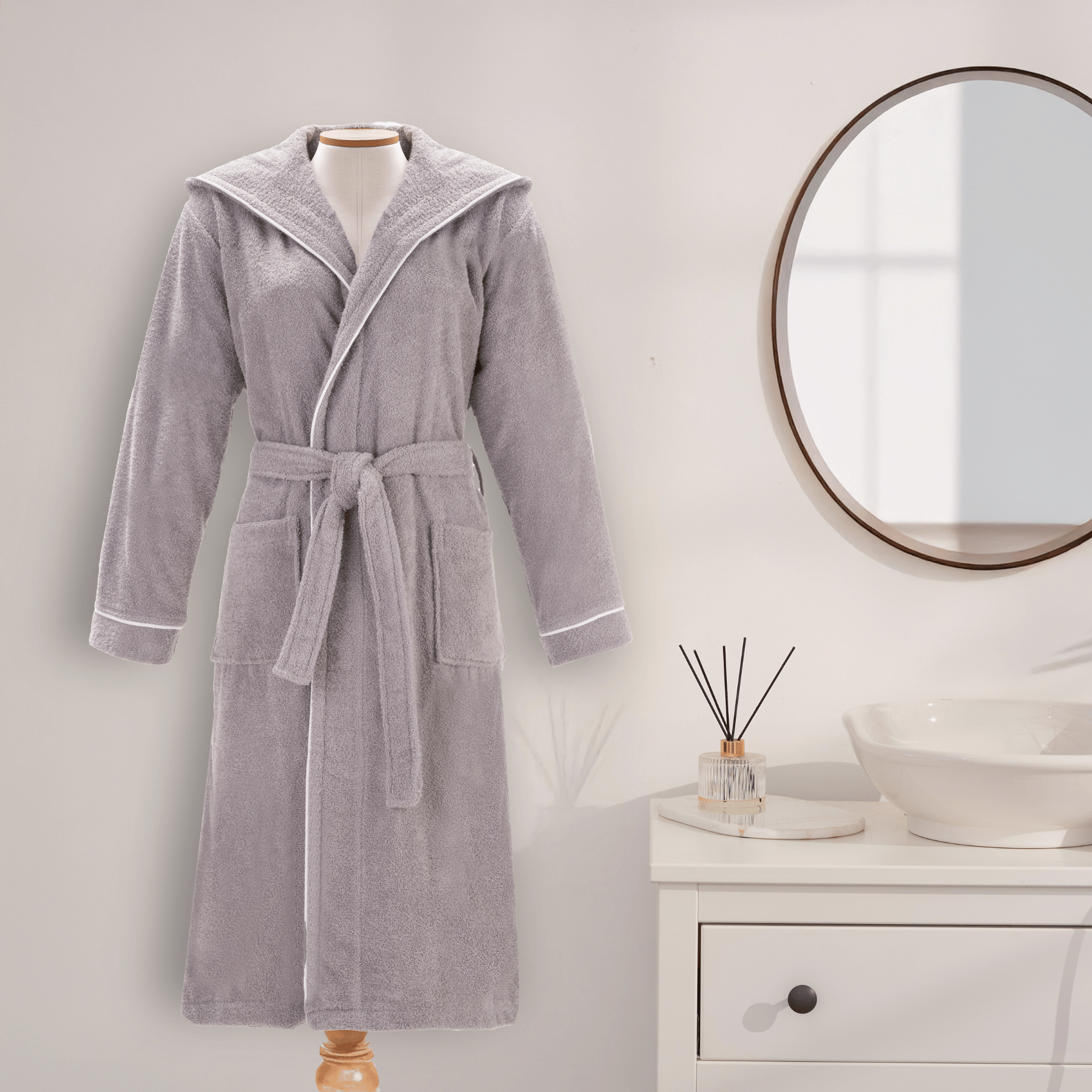 Layvera Bornoz Gri | %100 Pamuk-Kapüşonlu-Biyeli-Cepli