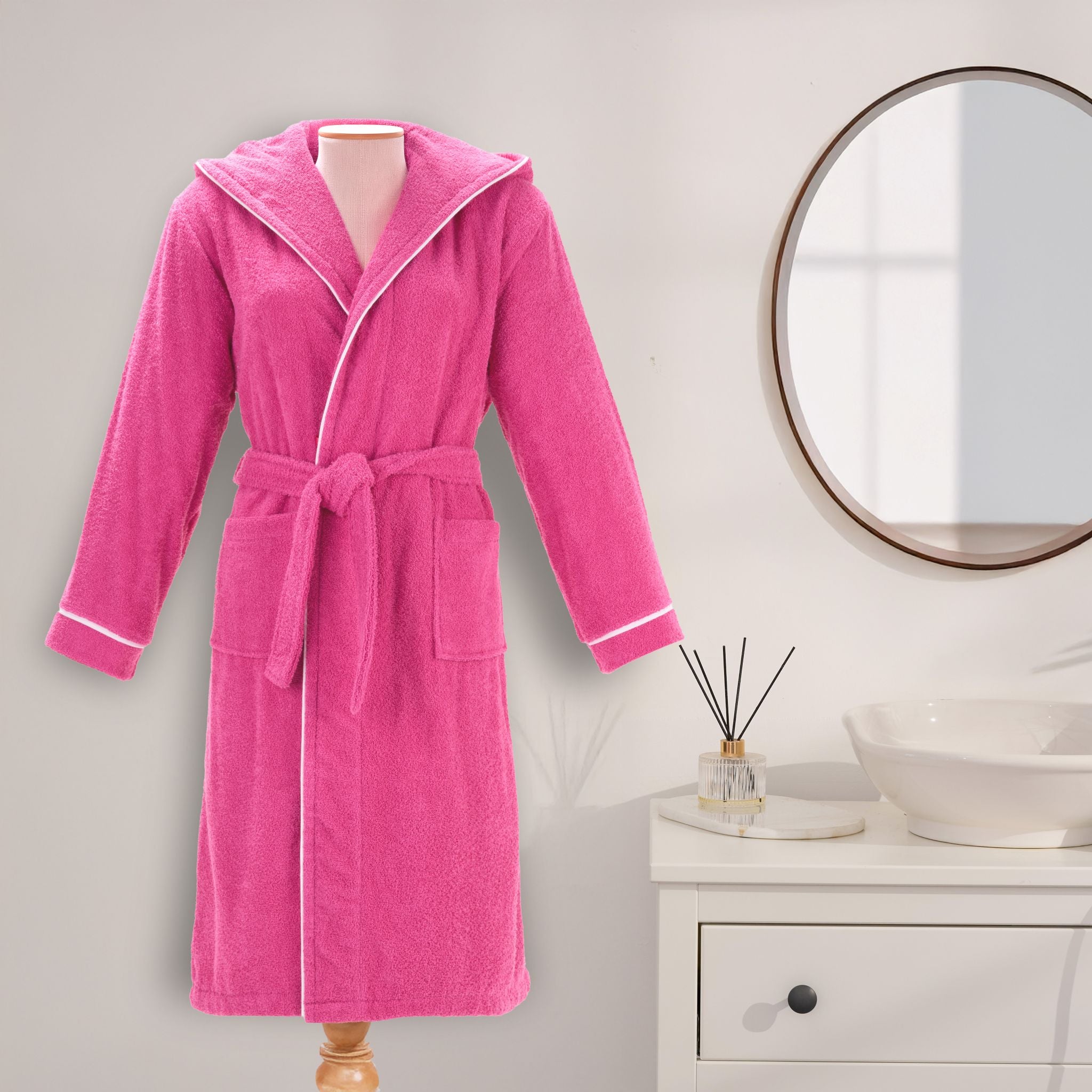 Layvera Bornoz Fuşya | %100 Pamuk-Kapüşonlu-Biyeli-Cepli